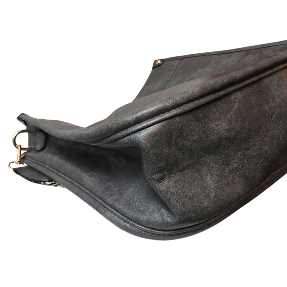 Charcoal Gray Faux Leather Crossbody Bag w/ Leopard & Tan Strap | Gold Hardware - Picture 11 of 12